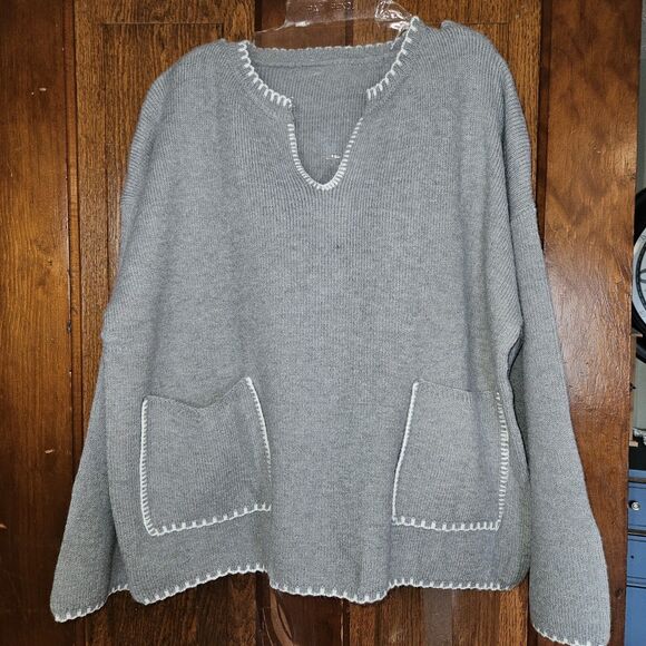 Gray Women Sweater with Pockets V-neck Oversize Trendy Lightweight V Neck LS New - Picture 1 of 8